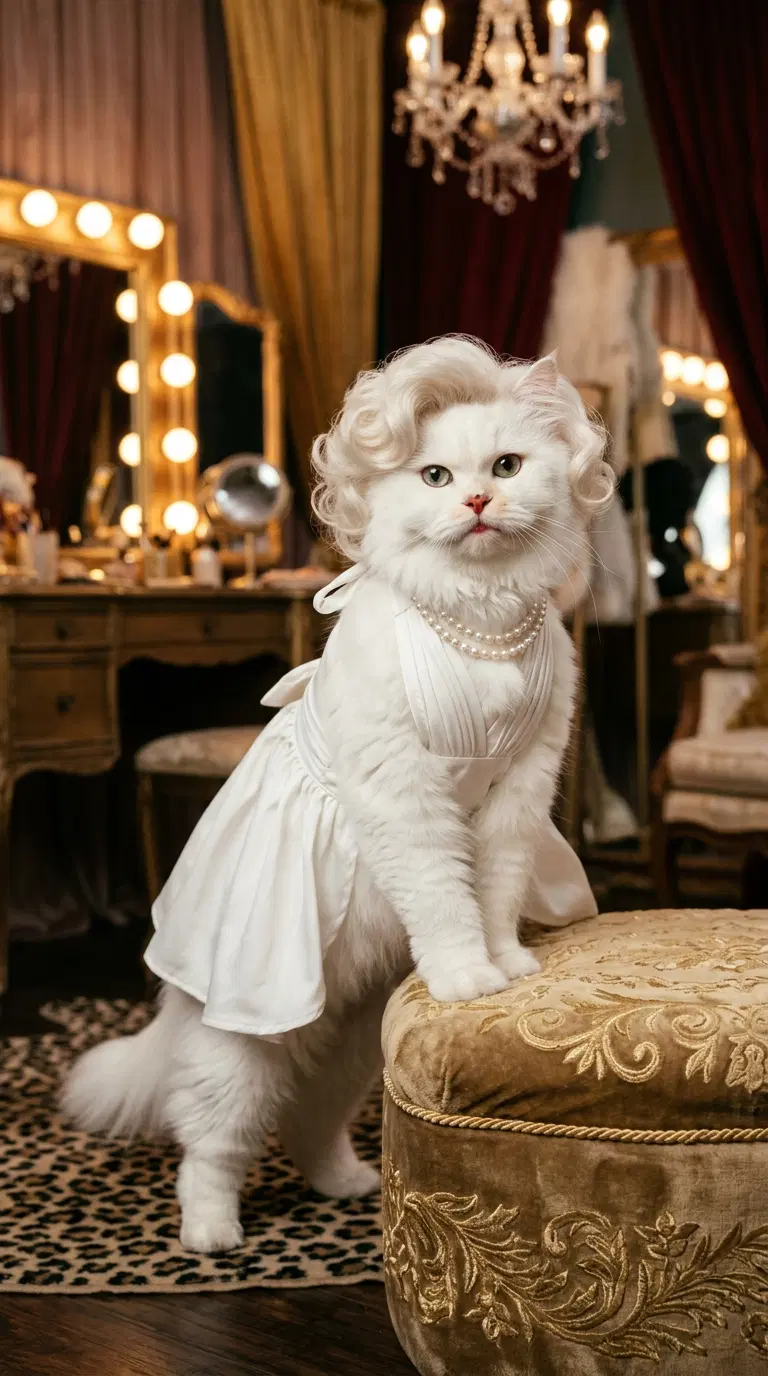 Stylish White Cat in Glamorous Dressing Room Setting