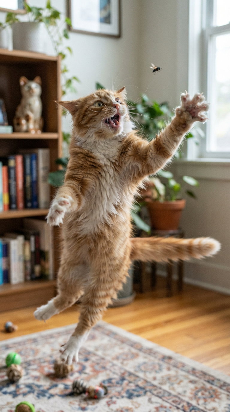 A fluffy ginger cat jumps excitedly with its mouth open, reaching for a fly in a cozy living room filled with plants and books.