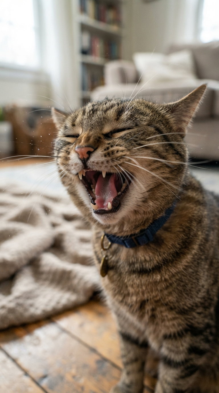 A tabby cat yawning with its mouth wide open, wearing a blue collar, in a bright indoor setting with a couch and a cozy blanket in the background.