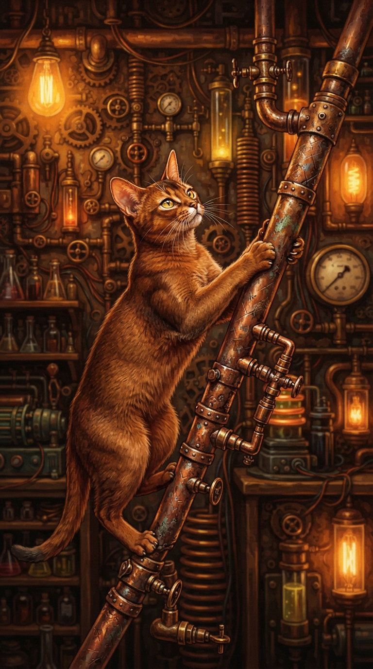 A reddish-brown cat climbing a metallic pipe in a steampunk-themed laboratory filled with gears and glowing lights.