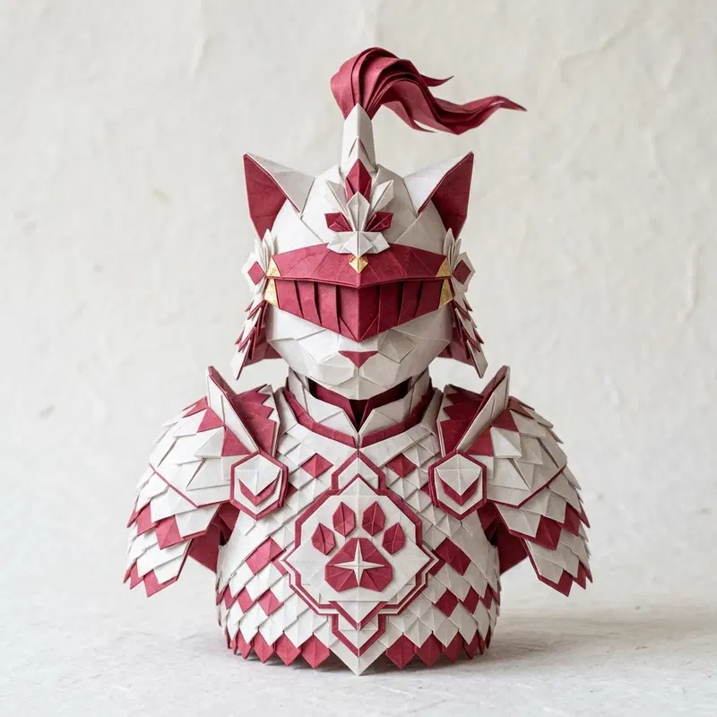 Intricate Medieval Knight Cat Sculpture in Paper Art