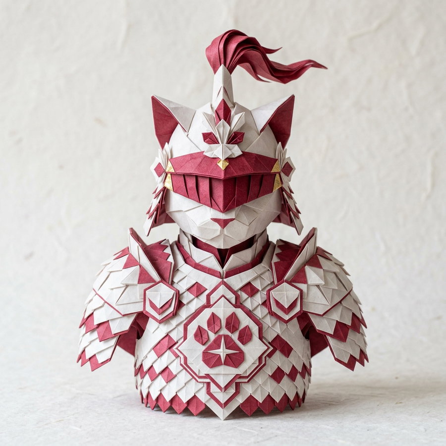 A paper sculpture of a cat dressed as a knight in armor, with a detailed helmet and armor made from folded paper, primarily in shades of white and maroon.