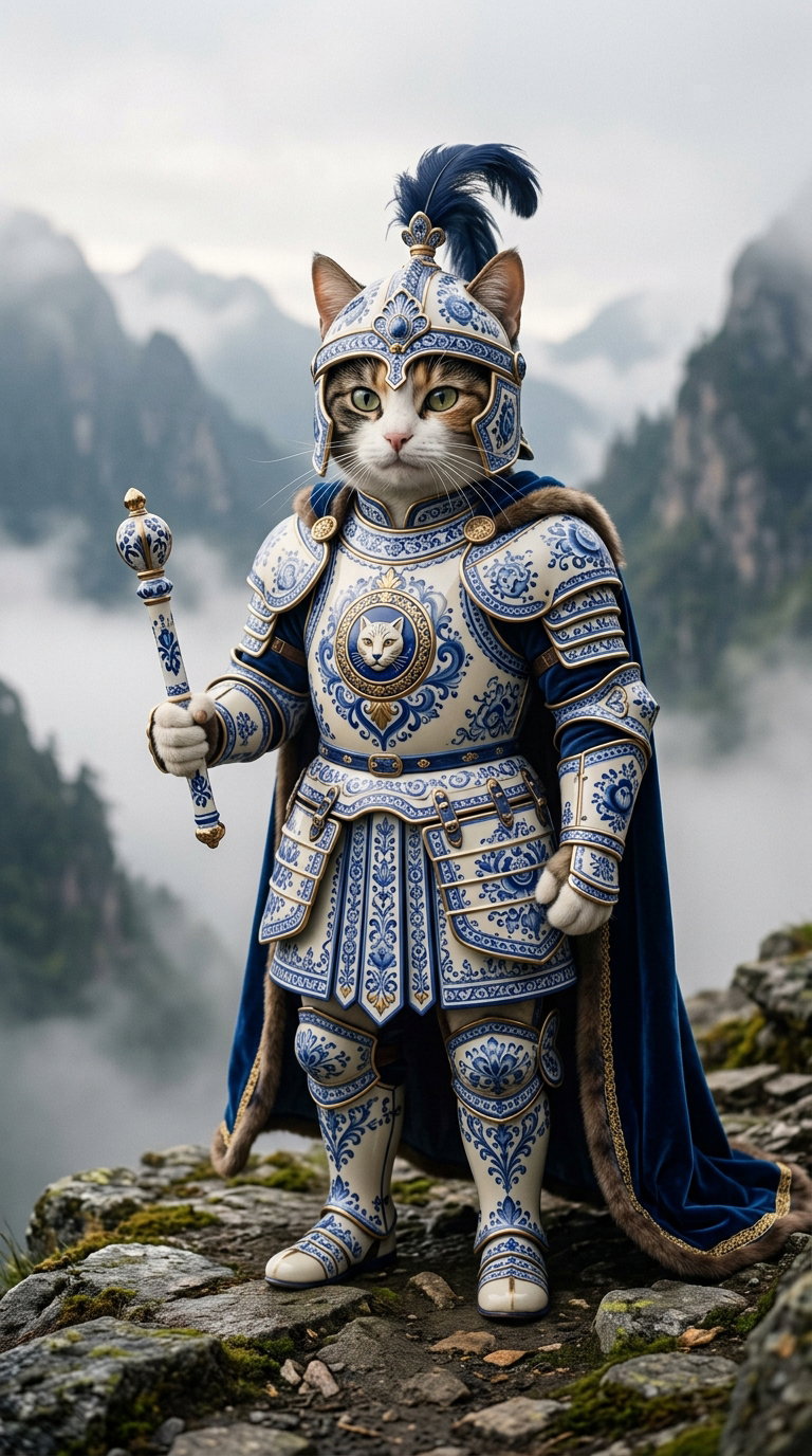 A majestic cat in intricately designed knight armor, holding a scepter, stands on a rocky path with a misty mountainous backdrop.