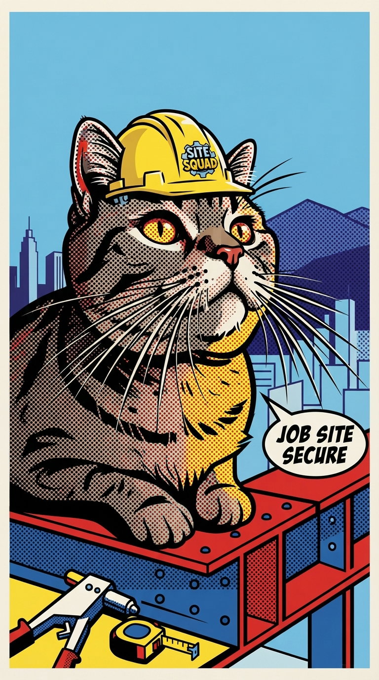 An illustrated cat wearing a construction hat and goggles, sitting on a beam with tools nearby, against a city skyline.