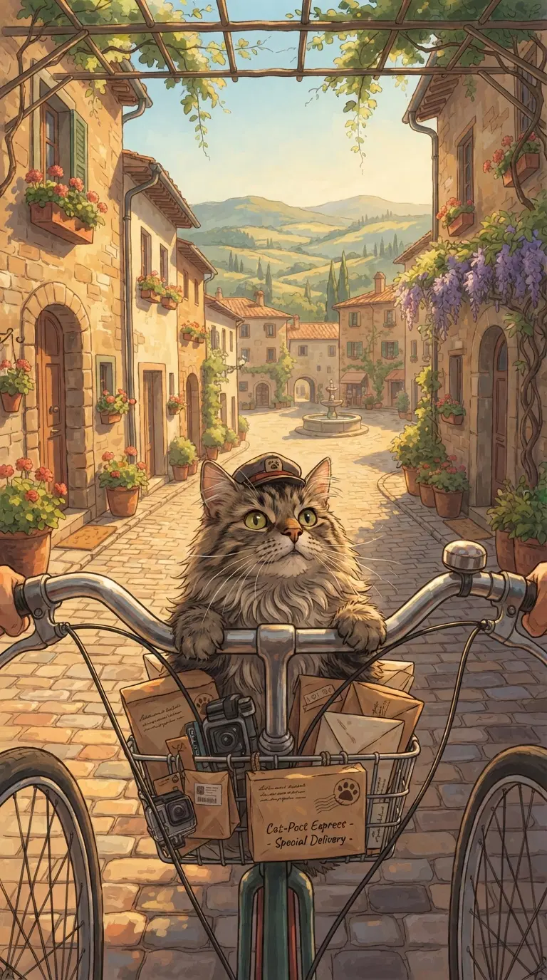 A Charming Cat as a Bicycle Postal Delivery Cat in a Quaint Town