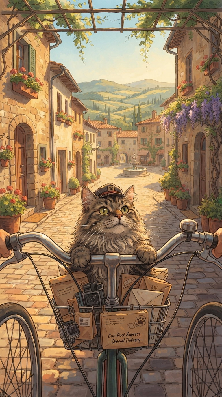 A whimsical scene showing a cat in a postal delivery cap riding a bicycle with a basket full of letters and a small camera, navigating through a picturesque cobblestone street lined with flowers and quaint buildings.