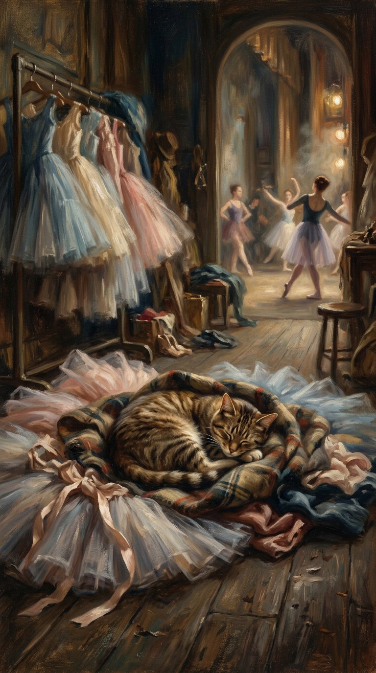 A serene scene of a striped cat sleeping on a blanket surrounded by ballet costumes, with dancers in the background practicing under soft lighting.