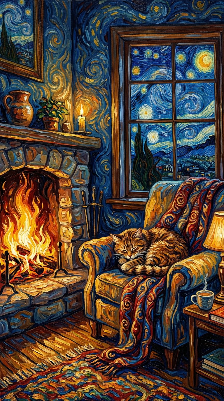 A sleeping cat on a cozy chair next to a fireplace, with a starry night visible through the window.