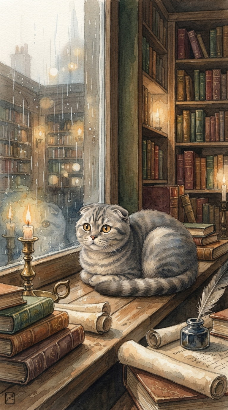 A grey cat resting on a wooden windowsill surrounded by books in a cozy library. Soft candlelight illuminates the scene, and rain can be seen on the window.
