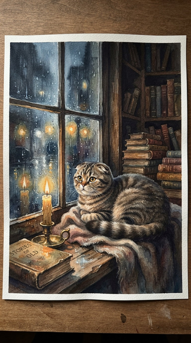 A tabby cat sitting on a window sill with a lit candle beside it, looking out at a rainy street, surrounded by books and warm colors.