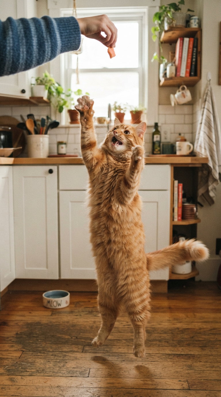 A ginger cat jumping up to grab a treat from a person's hand in a bright kitchen setting.