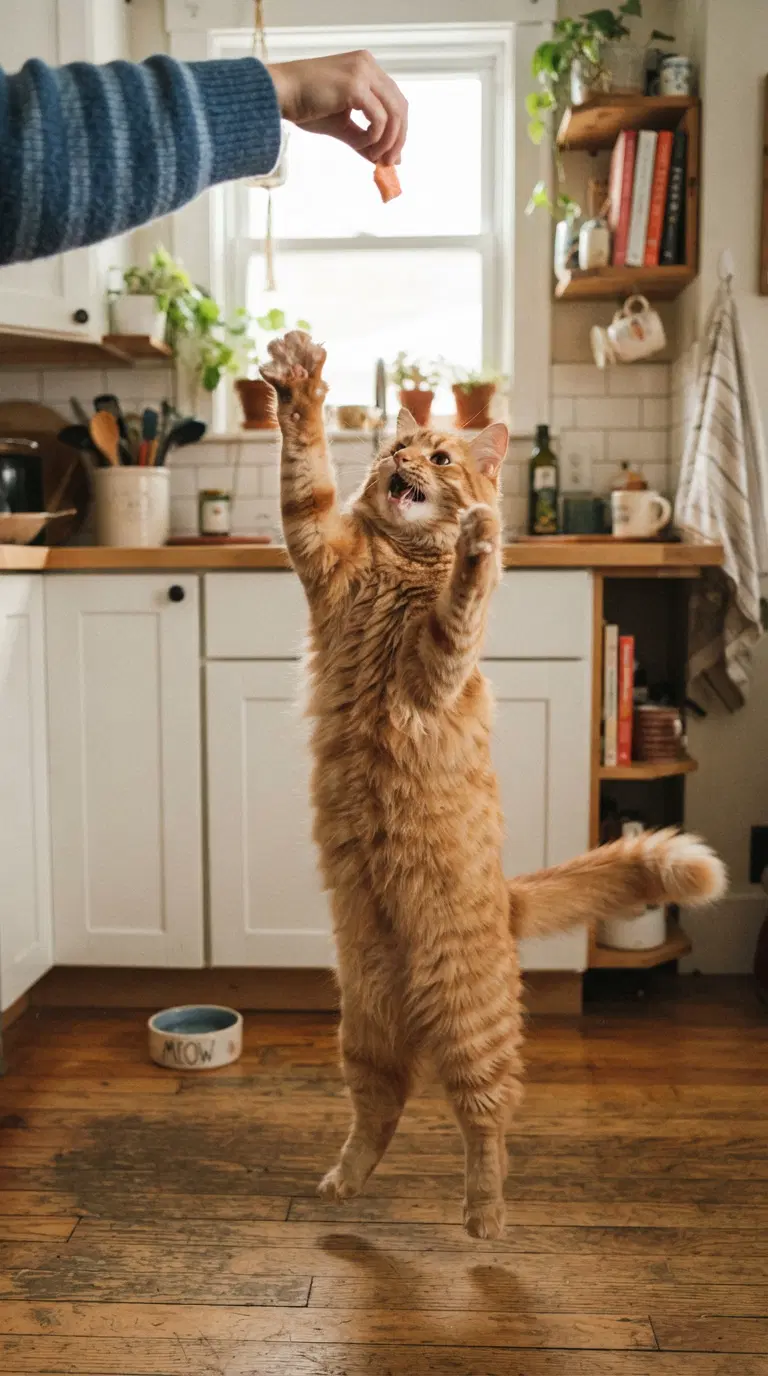 Playful Ginger Cat Reaching for a Treat in a Cozy Kitchen