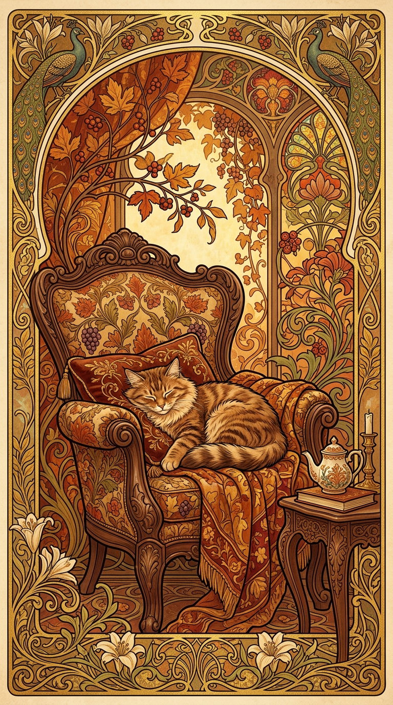 A cozy chair with floral patterns sits against a backdrop of autumn leaves and elegant decor, featuring a sleeping ginger cat on a blanket.