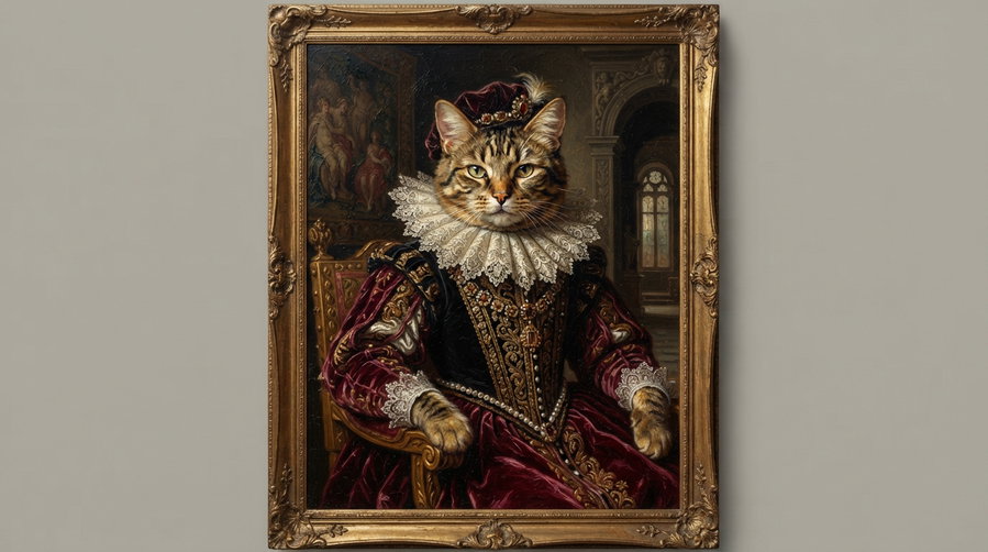 A beautifully painted cat dressed in royal attire, complete with an ornate collar and elaborate clothing, sitting majestically in a vintage frame.