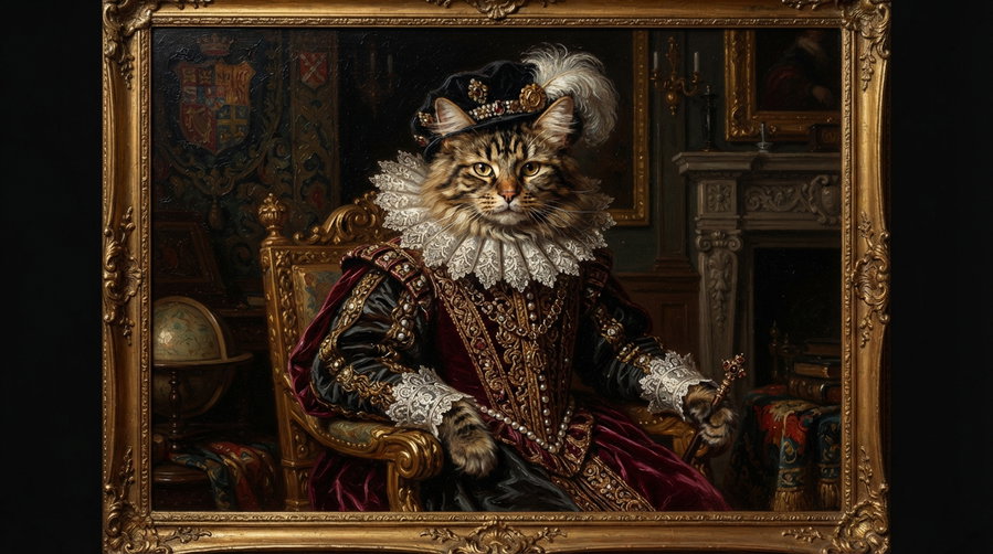 A regal cat dressed in elaborate medieval attire, seated on an ornate throne, surrounded by opulent decorations