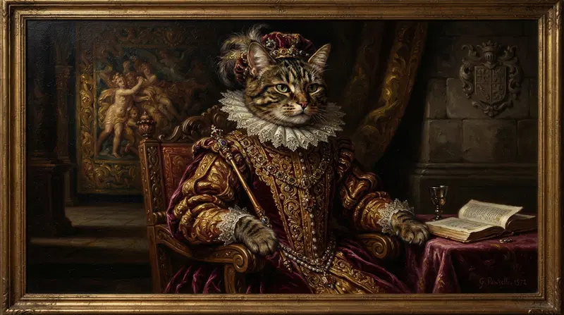 Regal Cat Portrait in Renaissance Style with Royal Attire