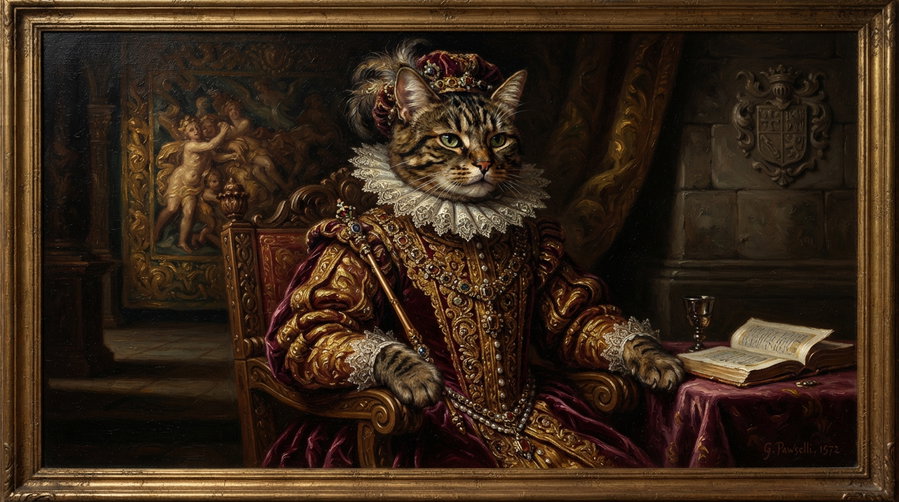 A majestic cat dressed in royal attire sits on a throne, with a lavish background featuring classical art elements.