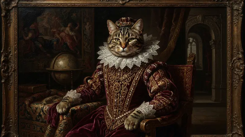 Regal Cat Portrait with Royal Attire and Historical Setting