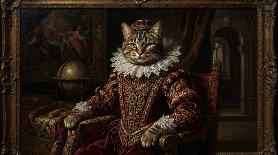 A regal cat with a human face, wearing an ornate royal outfit, seated in an elaborately decorated room with historical elements.