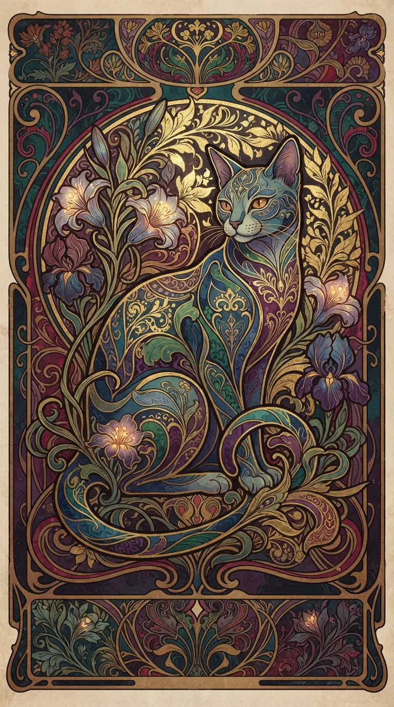 Intricate Floral Cat Art with Colorful Patterns