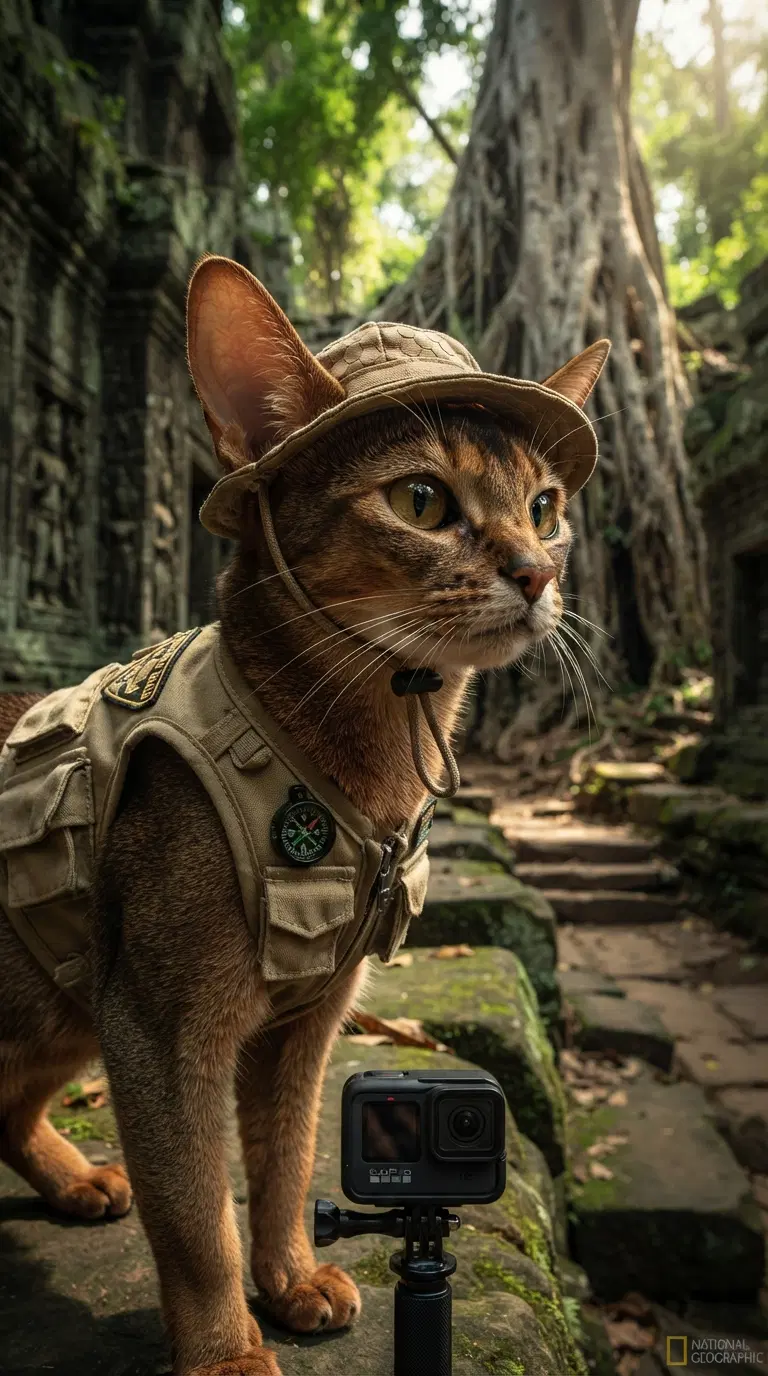 Adventurous Cat in Explorer Outfit Amidst Ancient Ruins