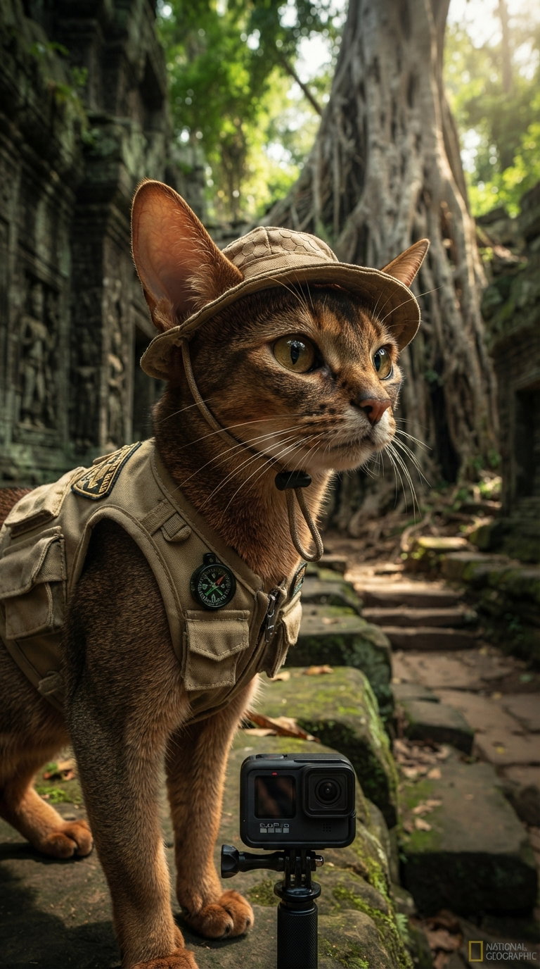 A cat dressed as an explorer, wearing a hat and vest, stands in front of ancient stone ruins surrounded by lush greenery.
