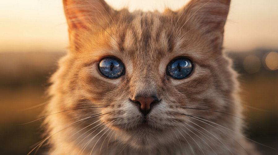 A close-up of a fluffy orange cat with striking blue eyes that reflect a starry sky, set against a warm sunset background.