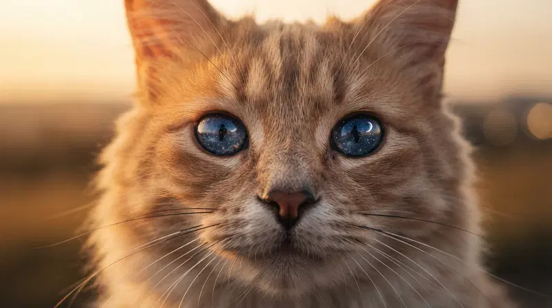 Fluffy Cat with Cosmic Eyes in a Sunset Setting