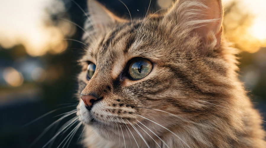 A close-up portrait of a Siberian cat with striking green eyes, set against a blurred background of a sunset.