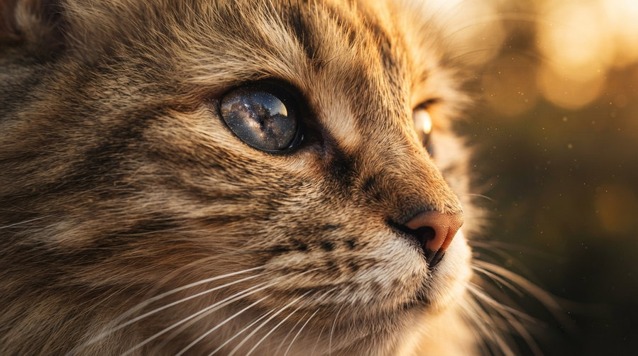 A close-up of a fluffy cat's face, showcasing its detailed fur and a captivating galaxy reflection in its eye.