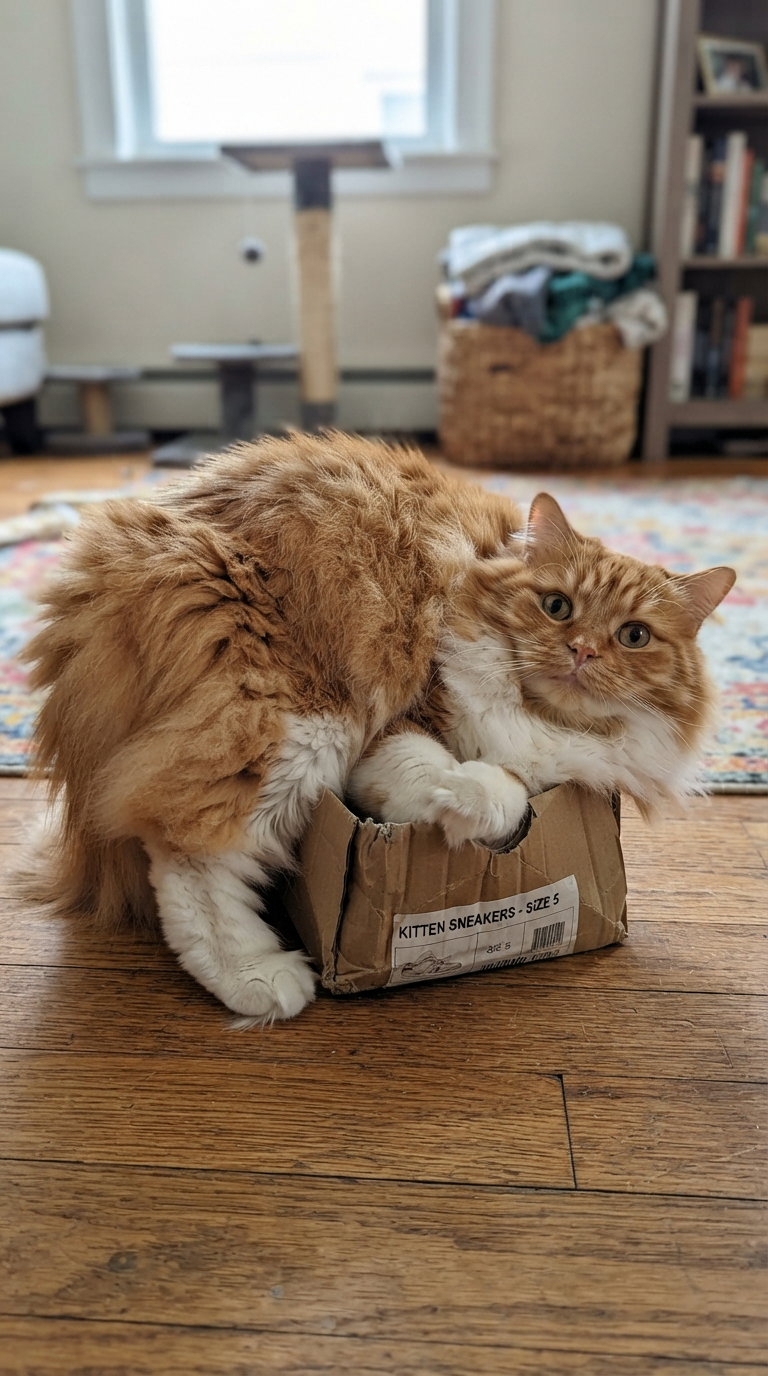 A fluffy orange cat with white paws sitting inside a small cardboard box labeled 'KITTEN SNEAKERS SIZE 5', on a wooden floor in a cozy room.