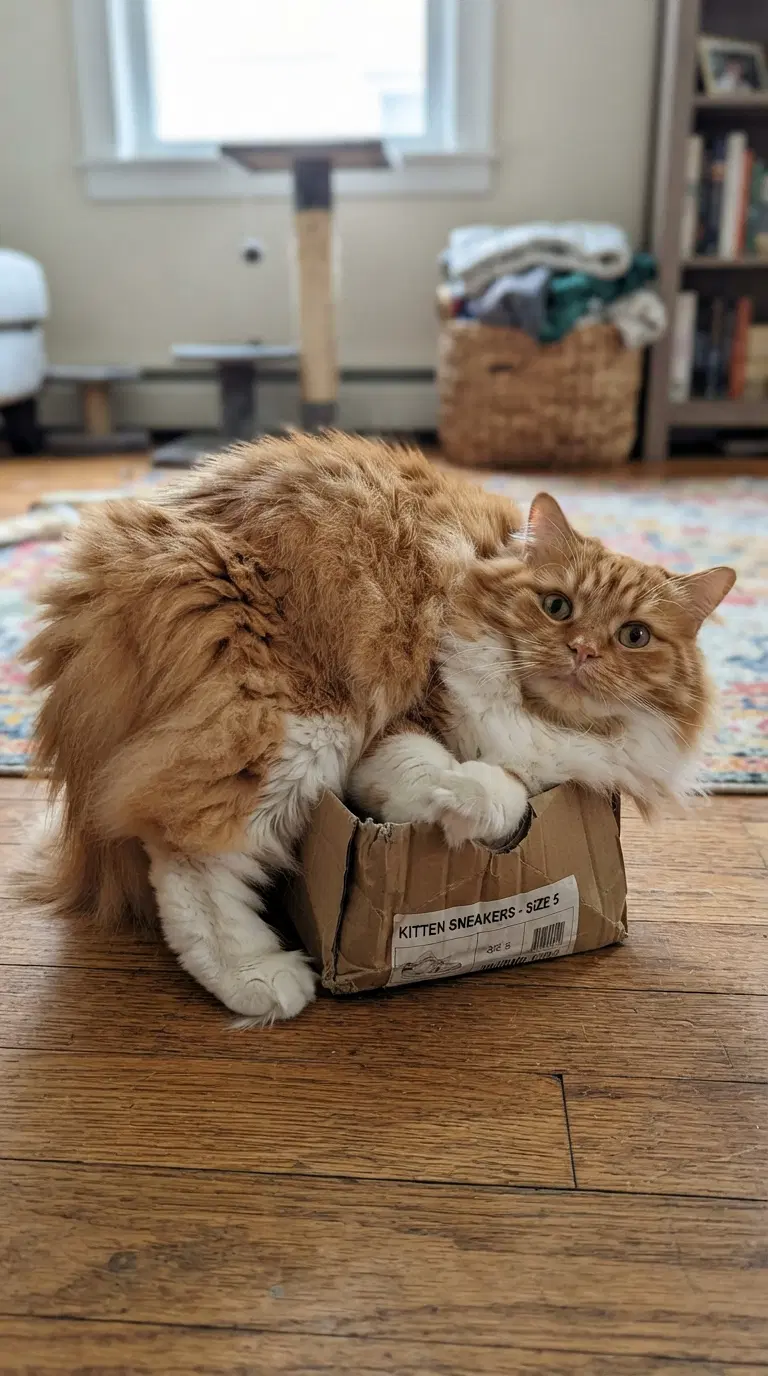 Fluffy Orange Cat Sitting in a Small Box on Wooden Floor