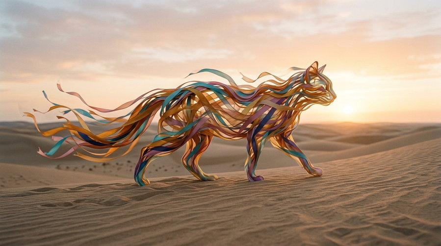 A colorful ribbon-like cat walking on sandy dunes under a sunset.