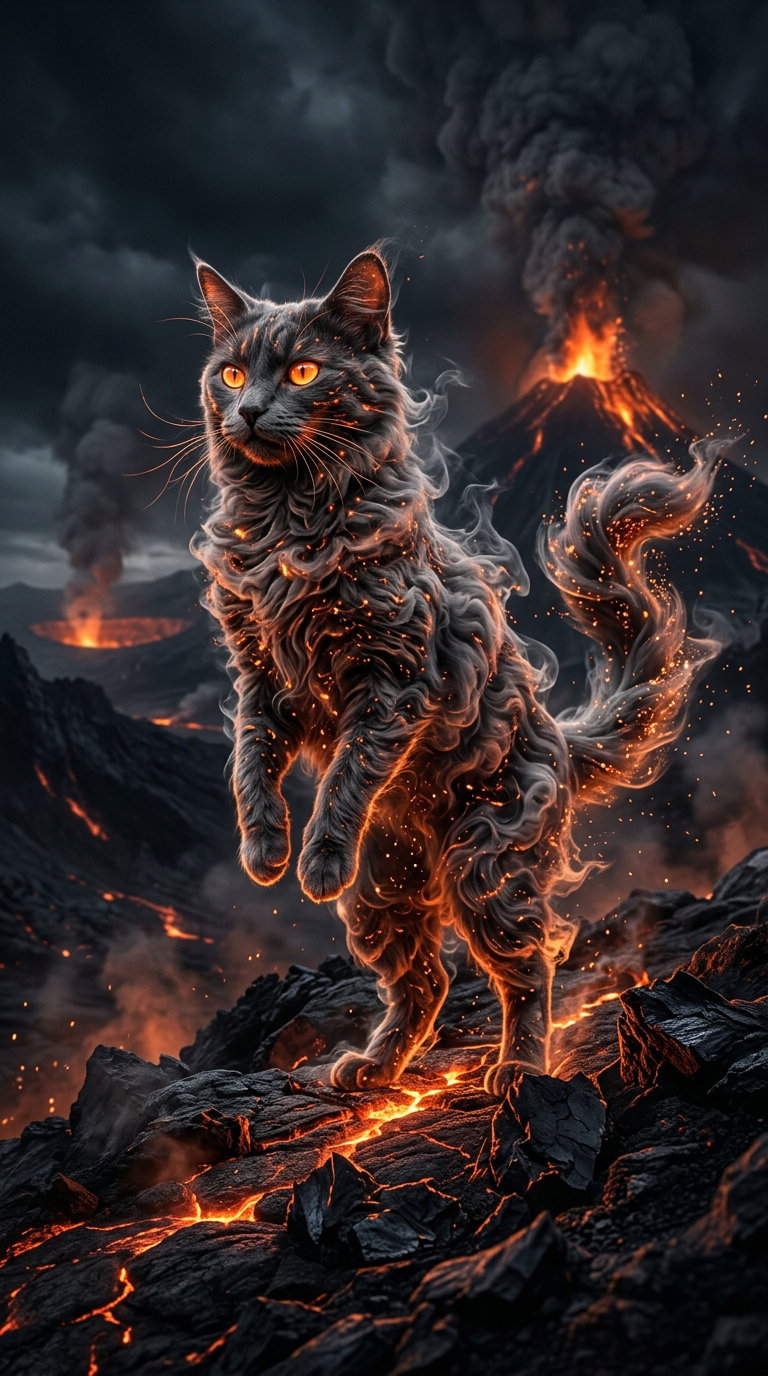 A cat with fiery fur stands against a volcanic landscape, with lava and smoke in the background.