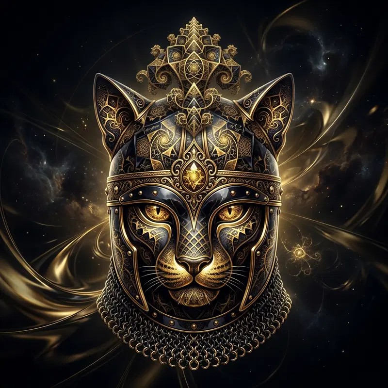 Intricate Golden Cat Illustration with a Regal Design