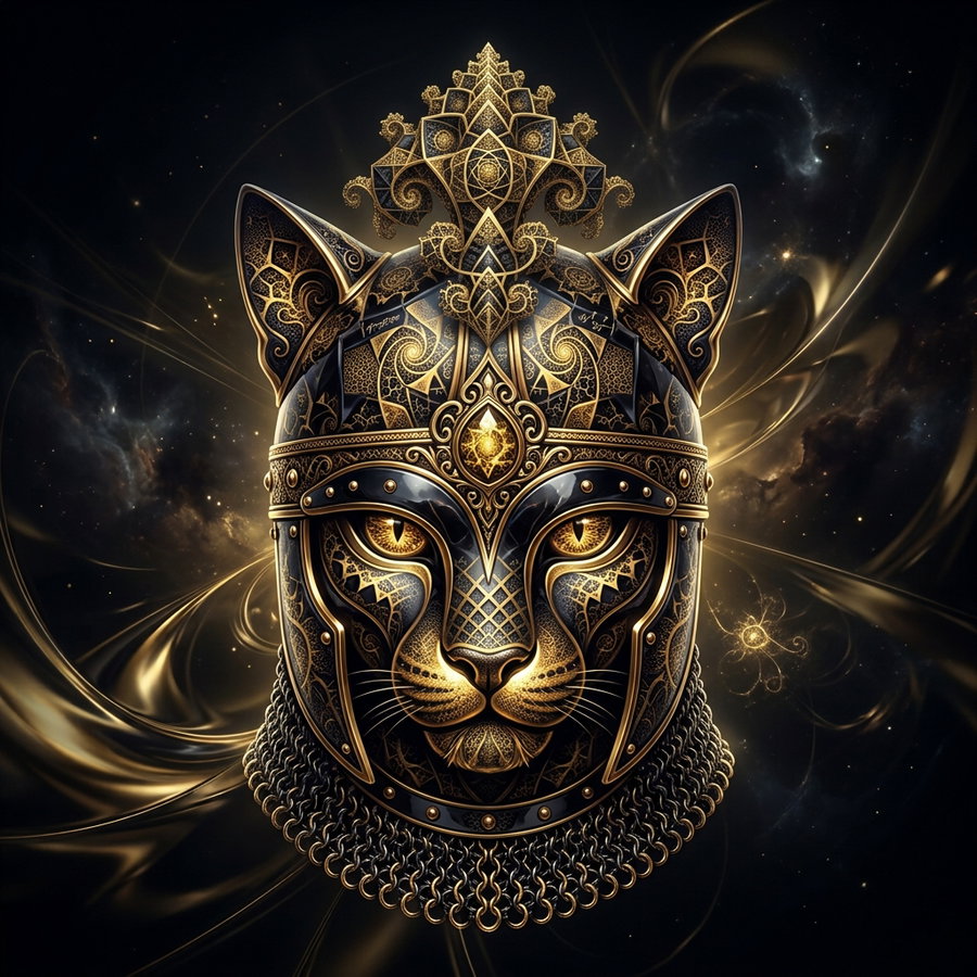 A detailed illustration of a cat's head adorned with ornate golden patterns and a crown-like structure, set against a cosmic backdrop.