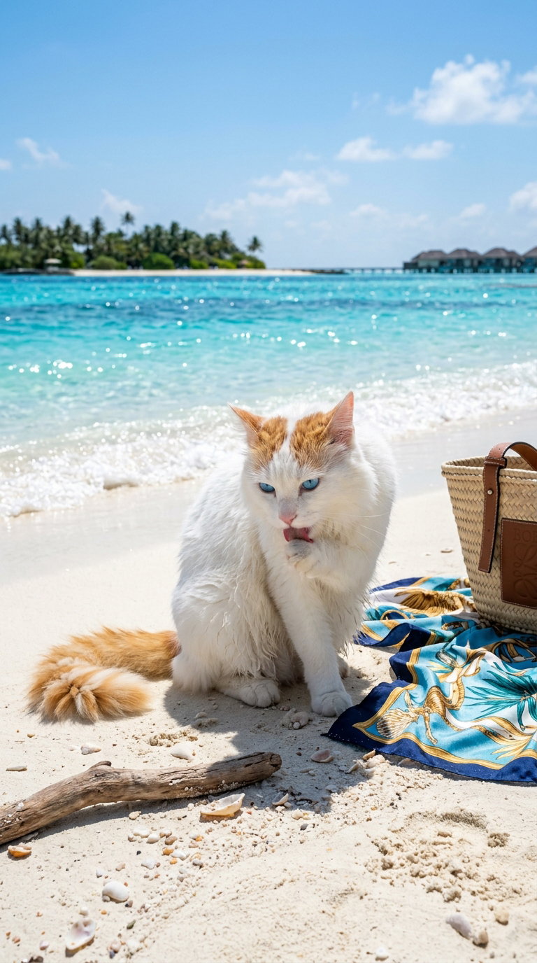 A fluffy white cat with orange markings is sitting on a sandy beach, licking its paw, with turquoise water and a tropical background.