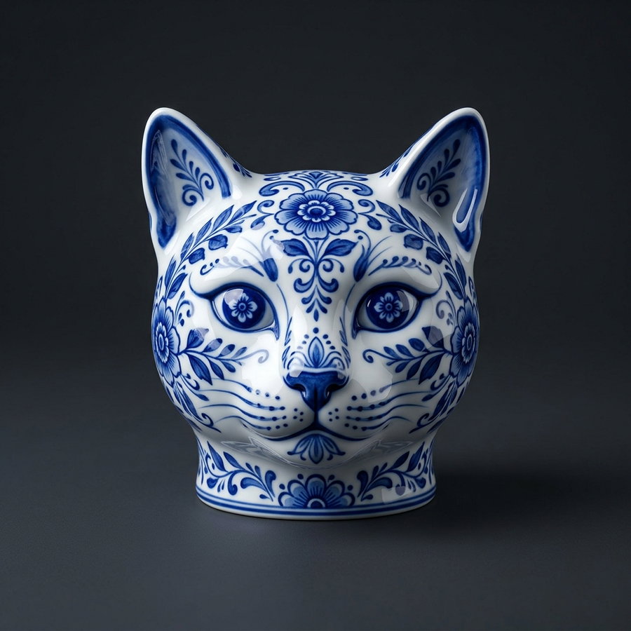A cat sculpture with a floral design in blue and white ceramic.