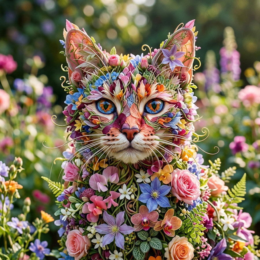 A cat whose fur is intricately made of colorful flowers, with bright blue eyes, set against a backdrop of blurred spring flowers.