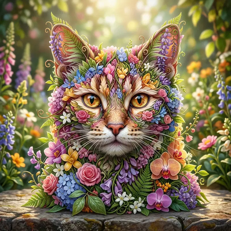 Cat Surrounded by Colorful Flowers in a Dreamy Garden
