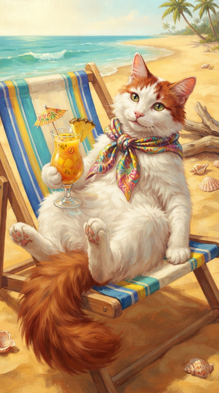 A fluffy cat with orange and white fur lounging on a beach chair, wearing a colorful scarf, and holding a tropical drink with an umbrella, set against a seaside background with palm trees and shells.