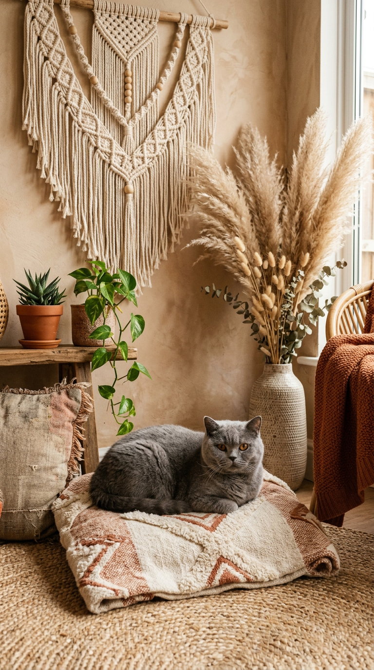 A grey cat lounging on a textured blanket in a warm, earthy room with macrame wall art, decorative plants, and neutral tones.