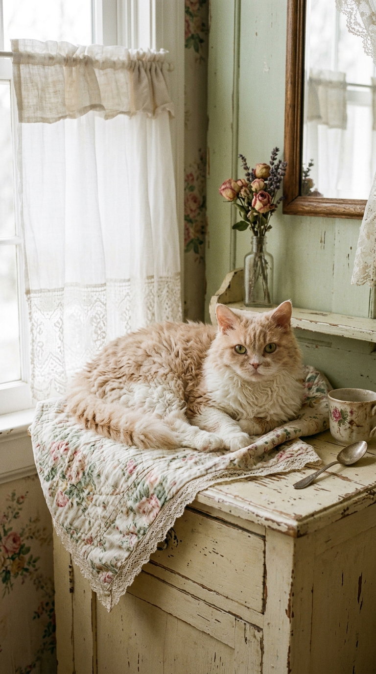 A fluffy orange cat lounging on a floral quilt atop an antique dresser, with a window and vase of flowers in the background.