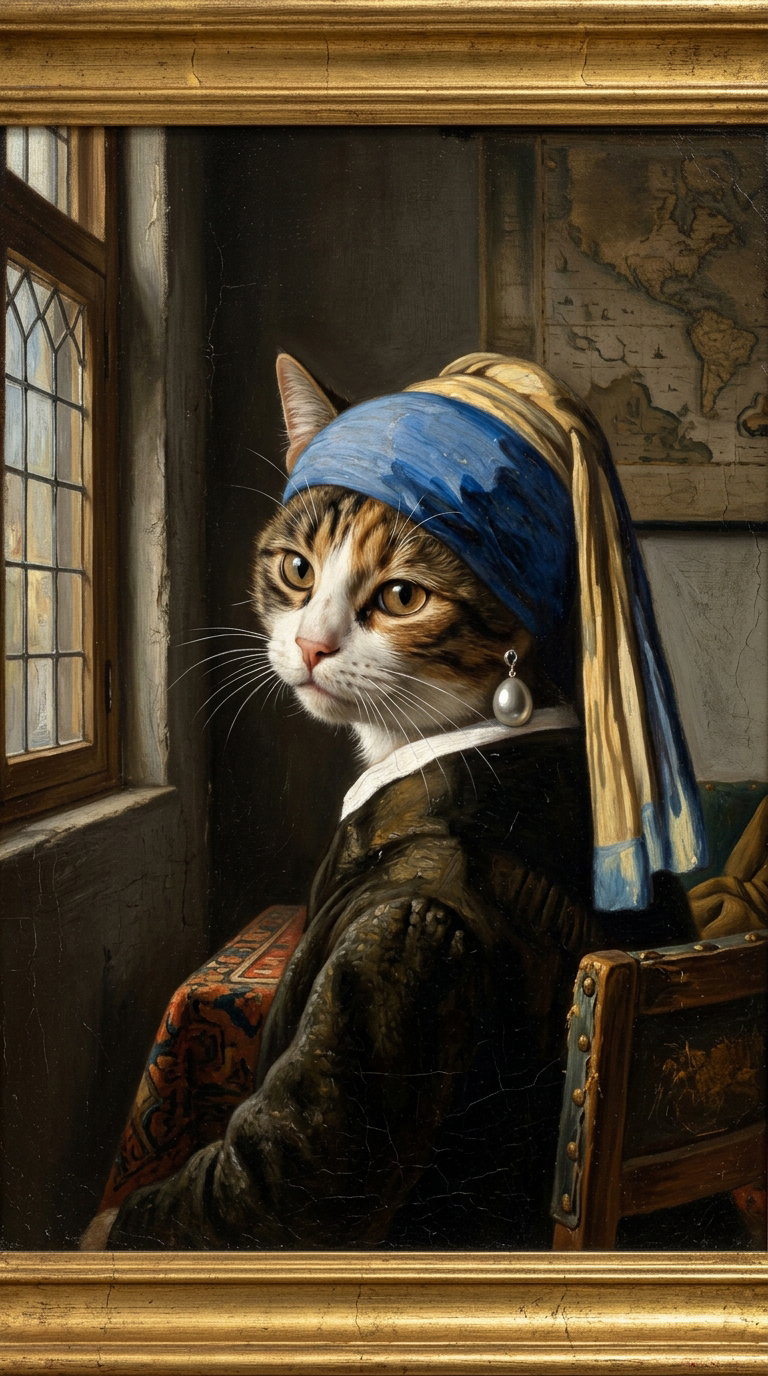 A cat wearing a blue headscarf and a pearl earring, sitting by a window in a historical setting.