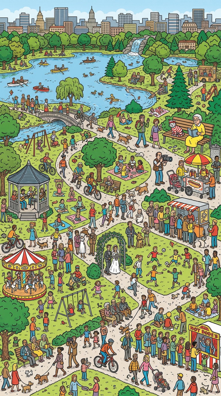 A lively park filled with people enjoying various activities, including walking, biking, and picnicking, with a lake and city skyline in the background.