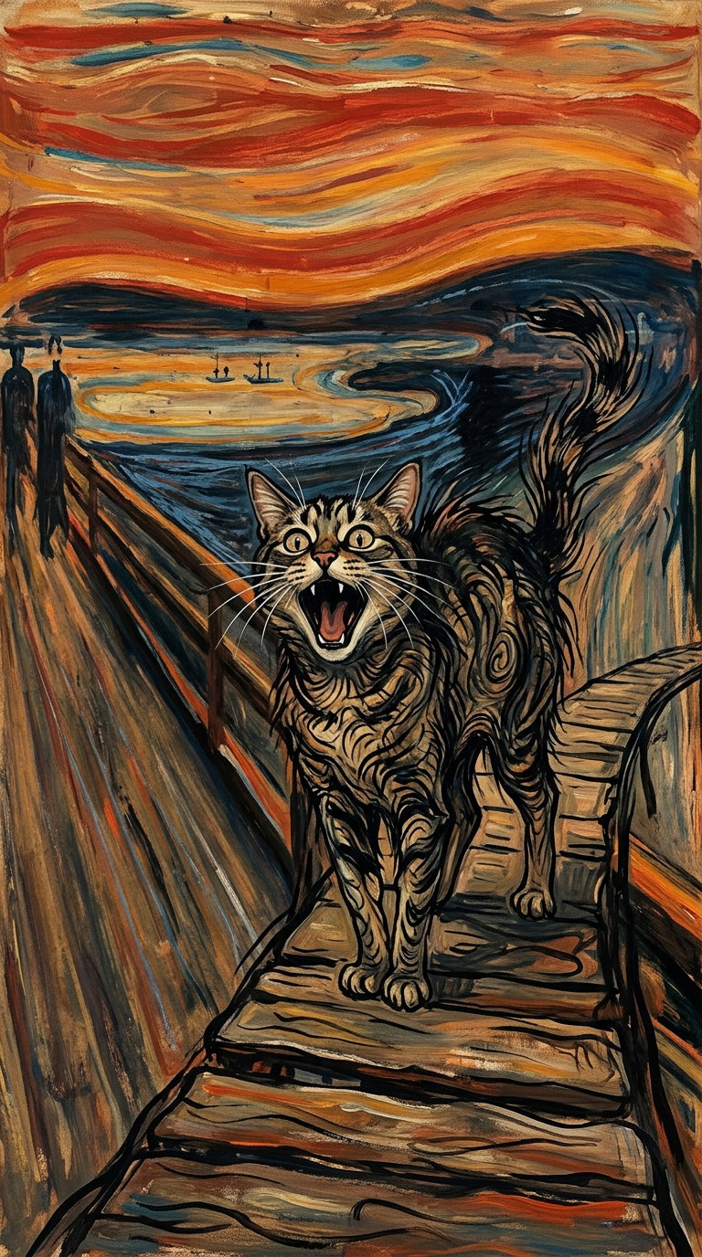 A surreal painting of a cat on a wooden boardwalk against a vibrant, swirling sunset backdrop.