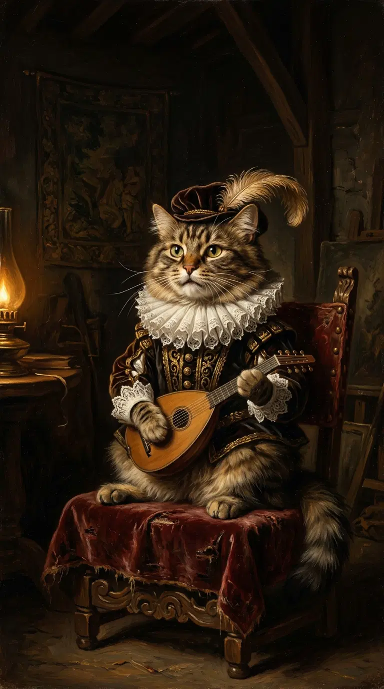 A Renaissance Cat in a Fancy Outfit with a Mandolin