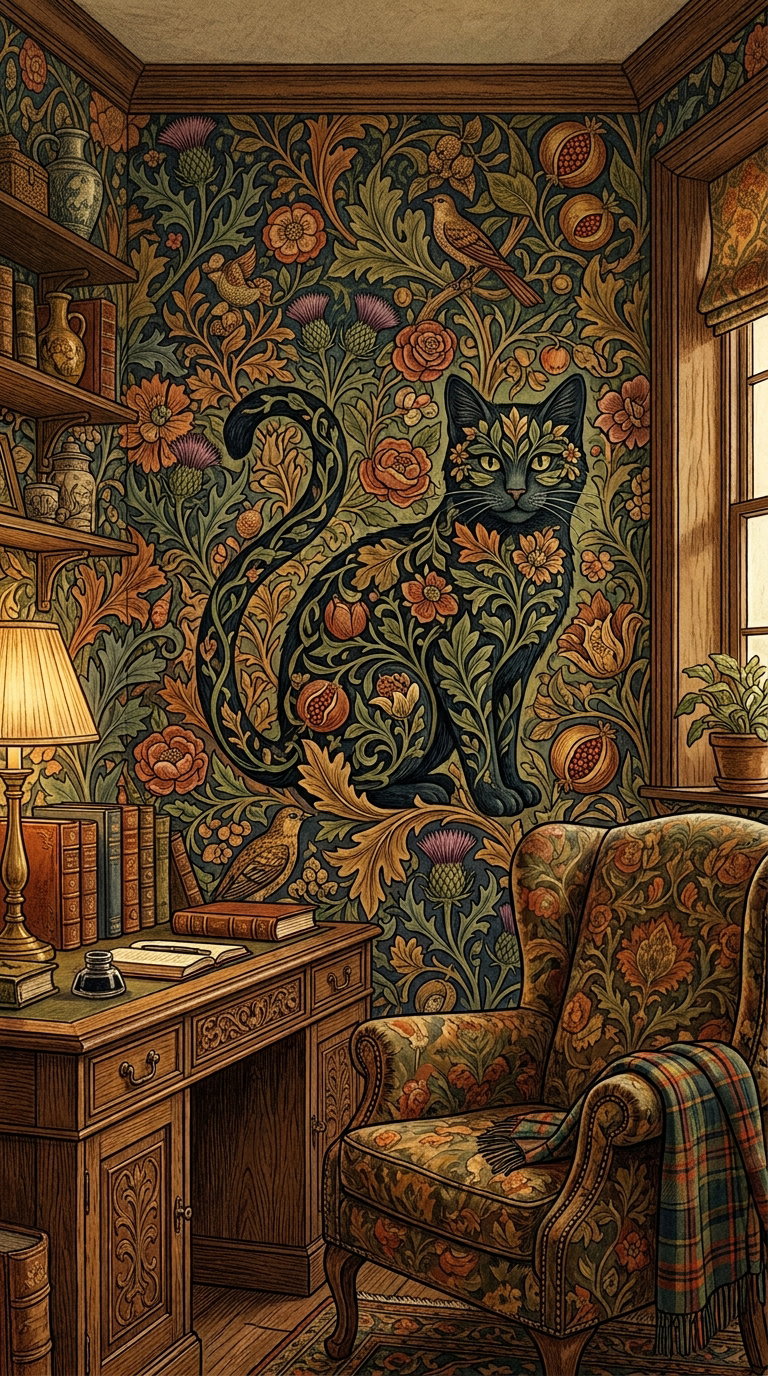 A room featuring a wallpaper with a large black cat entwined in floral patterns, a vintage armchair, an antique desk, wooden shelves filled with books, and warm lighting.