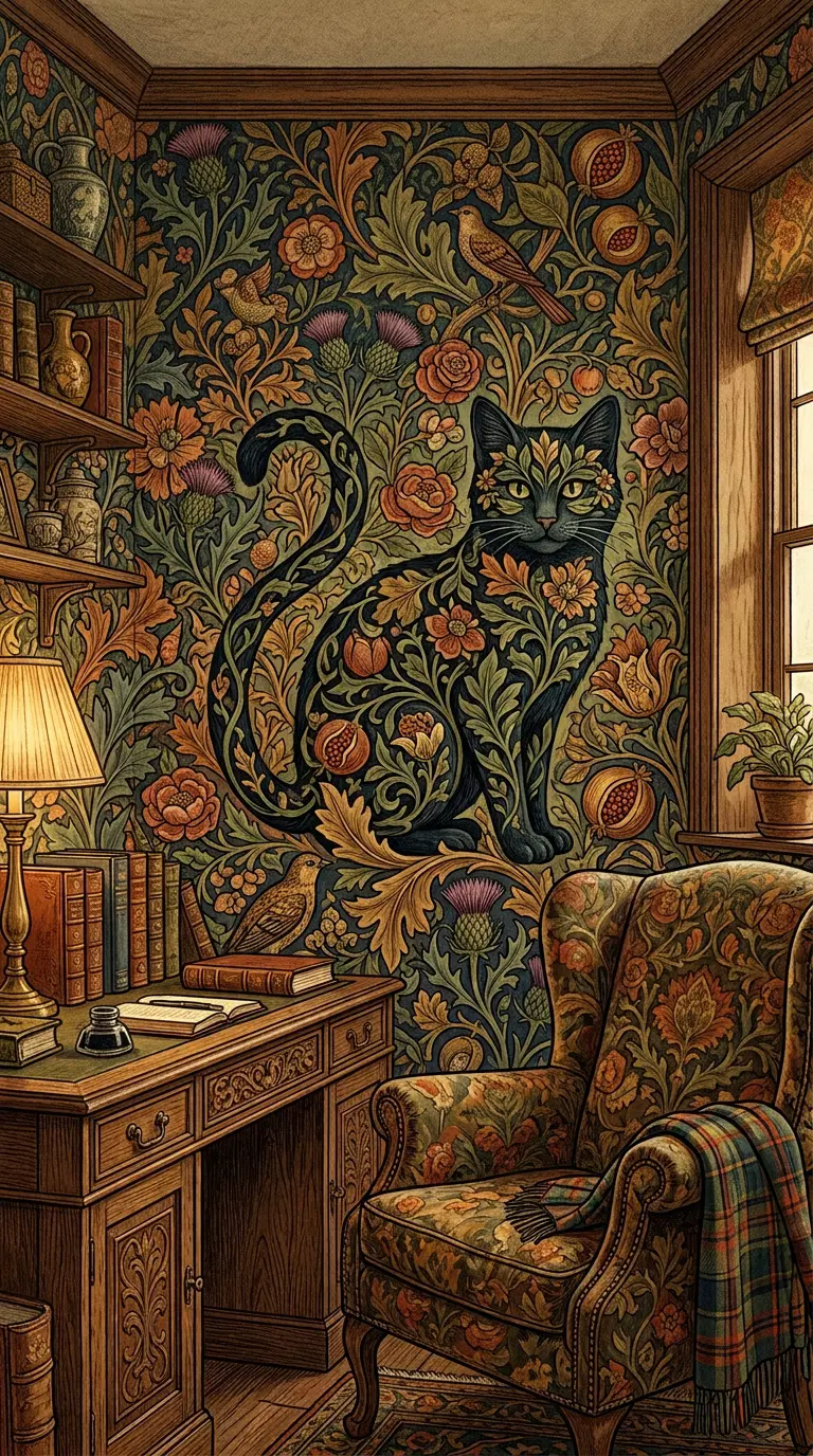 Floral Black Cat Wall Art in a Cozy Reading Room