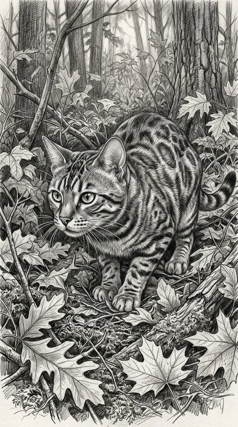 Detailed illustration of a Bengal cat in a forest setting